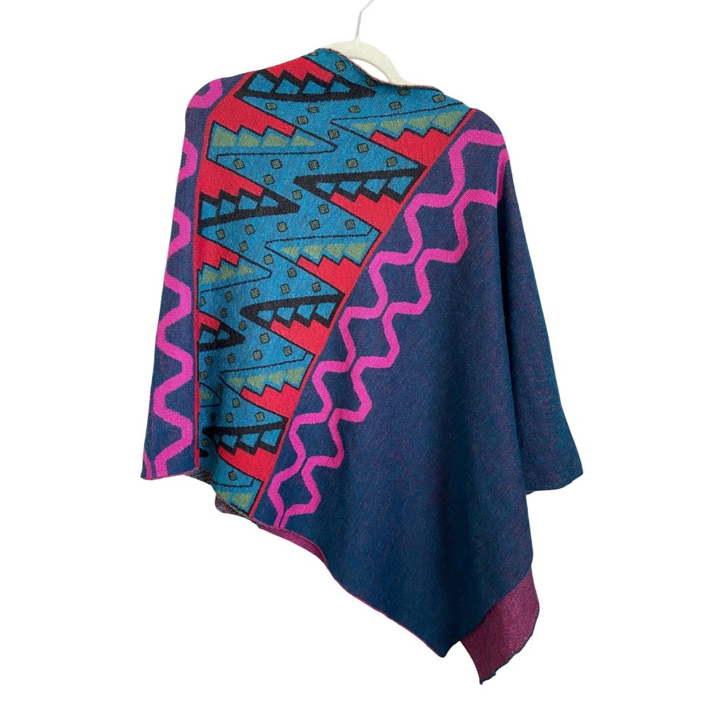 Sol Alpaca 100% Baby Alpaca Surrounded Poncho Geometric Teal Magenta One Size